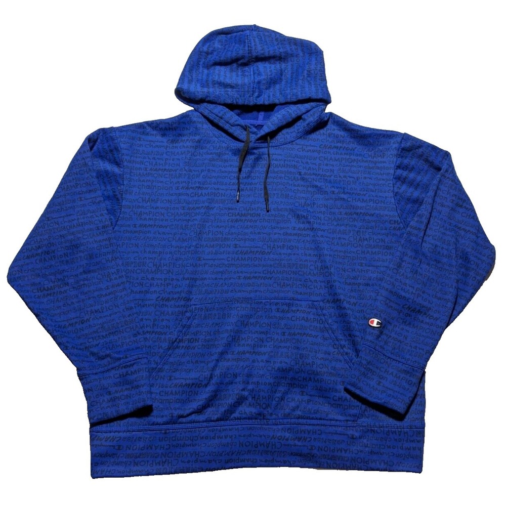 CHAMPION‎ SCRIPT LOGO AOP Men Size XL Blue Game Day Fleece Pullover Hoodie